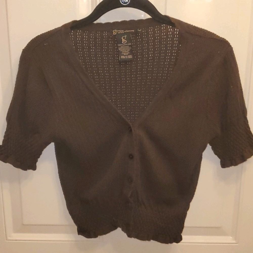 Brown pointelle cropped sweater